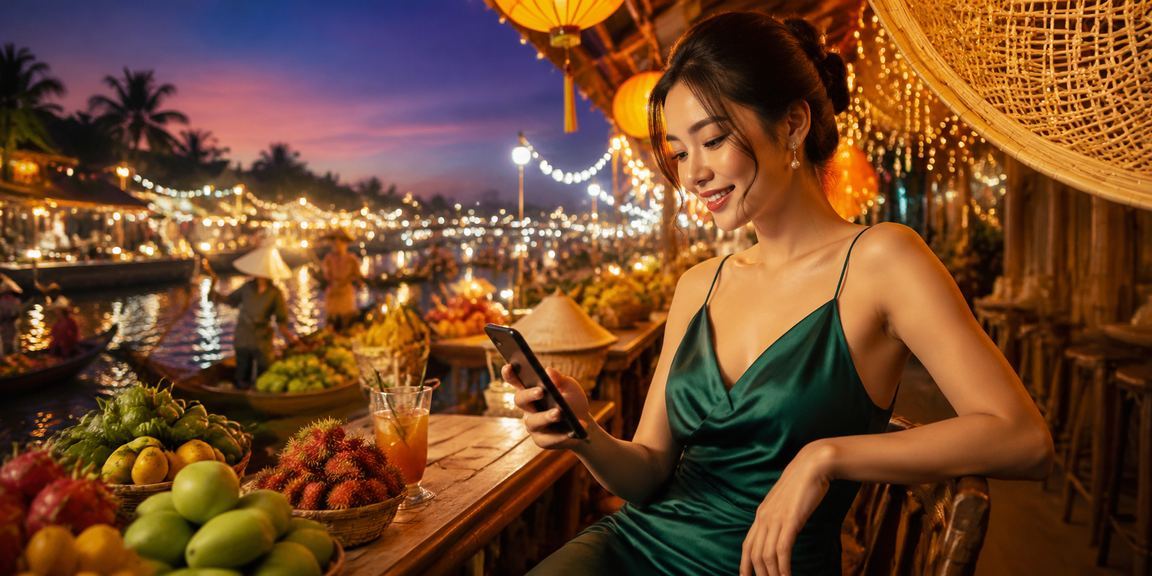 Phụ nữ đội nón lá vùng Mekong sử dụng điện thoại để chơi casino trực tuyến